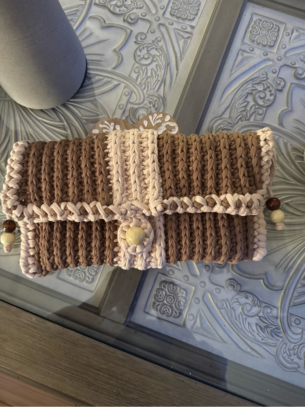 Bonita Bolso Handmade Crocheted Foldover Clutch - Beige and Brown by Yvonne